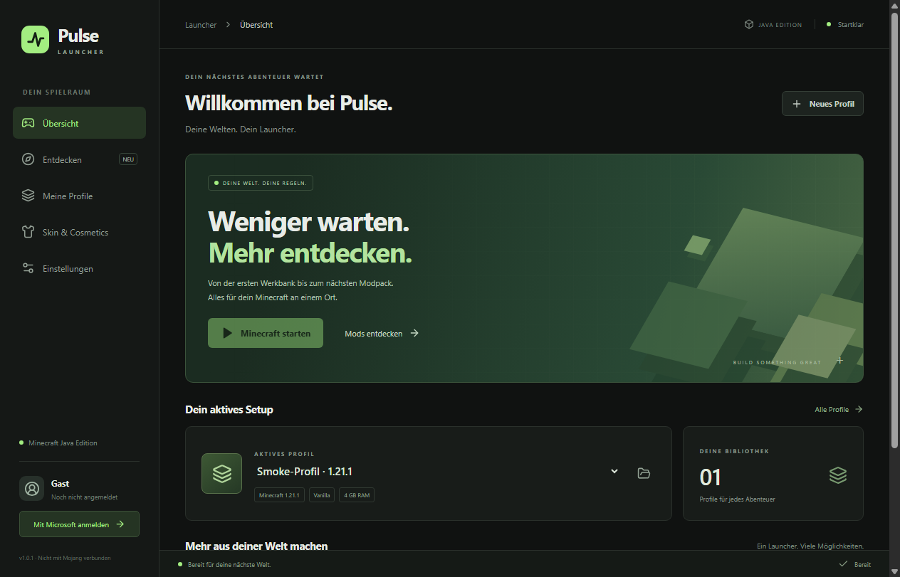 Die echte Pulse-Oberfläche mit Profilverwaltung, Modrinth-Bereich, Skins und Einstellungen